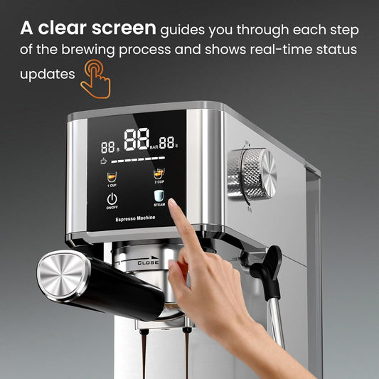 Espresso machine with digital display and hand interacting with it, on a dark background.
