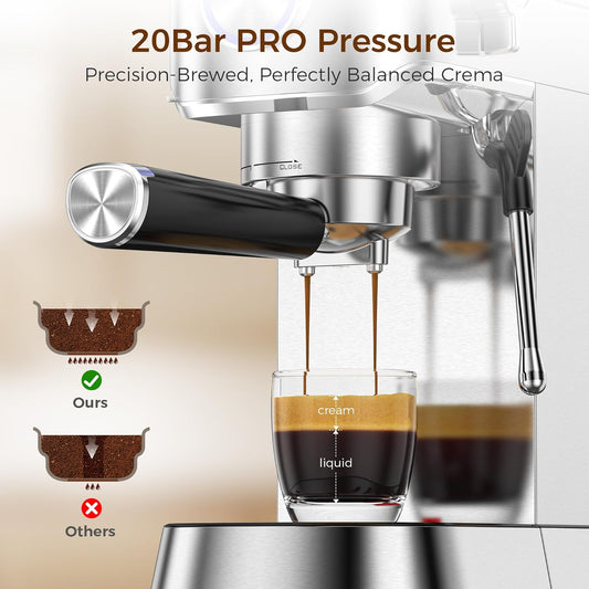 Espresso machine with 20Bar PRO Pressure feature, showing a glass of espresso and a diagram.