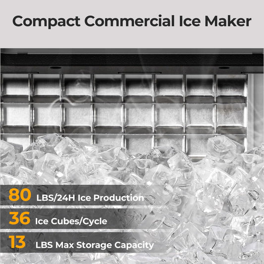 Compact commercial ice maker with ice production details displayed.