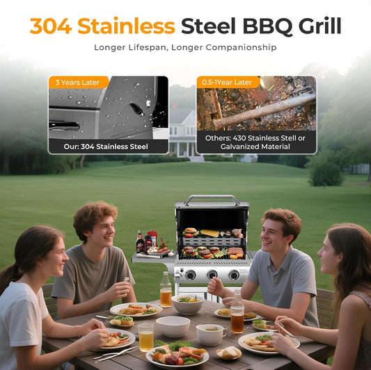 Stainless Steel BBQ Grill advertisement with people enjoying a meal outdoors.