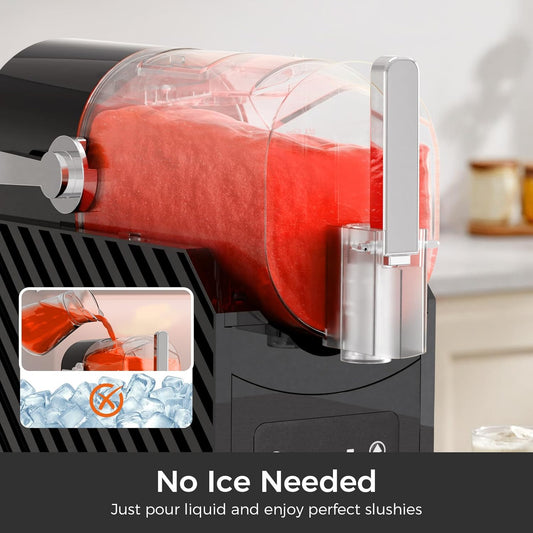 Ice cream machine dispensing a red slushy with text 'No Ice Needed' on a kitchen background.