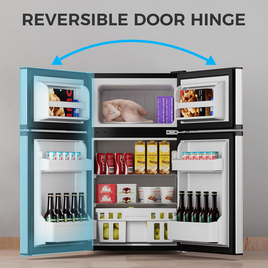 Refrigerator with reversible door hinge feature on a gray background