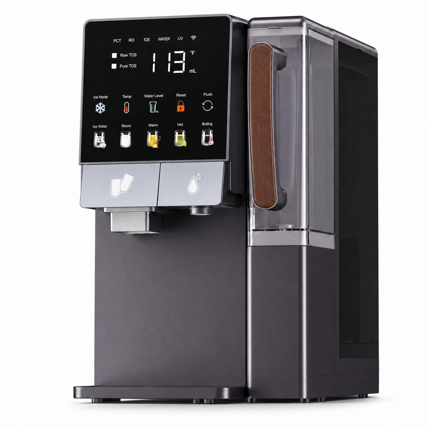 Countertop water dispenser and ice maker, front three-quarter view