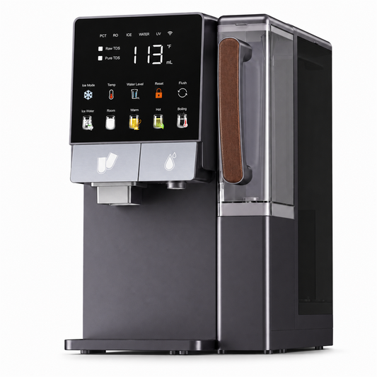 Countertop water dispenser and ice maker, front three-quarter view