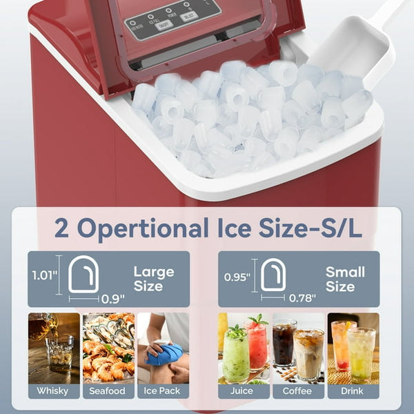 Kndko Countertop Ice Maker 26lbs, 9Pcs/6Mins, 2 Sizes of Bullet-Shaped with Scoop & Basket, Red