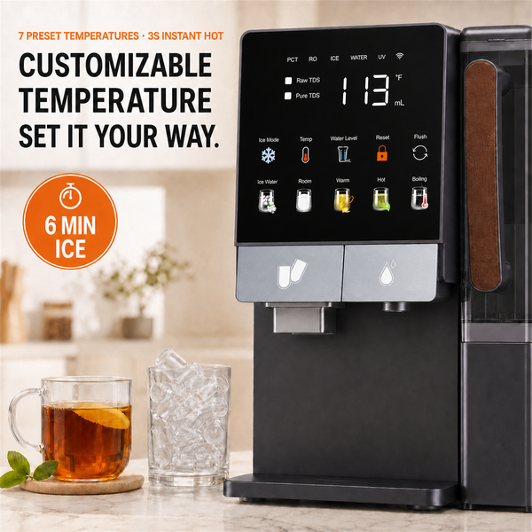 Instant hot and cold water temperature control feature graphic