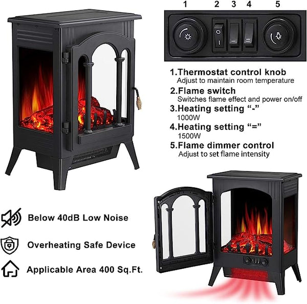 KISSAIR Electric Fireplace Stove, Freestanding,Realistic Flame, Portable, Infrared, 1000W/1500W(16 Inch)