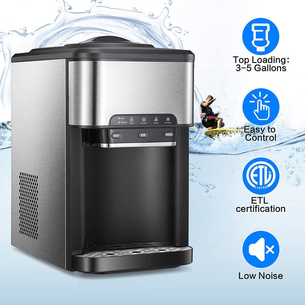 KISSAIR 3-in-1 Water Cooler Dispenser, Top Loading Water Cooler with Built-in Ice Maker, 3 Temperatures Setting - Hot, Cold & Room Water, for Home/Office/Dormitory Use-Black&Silver