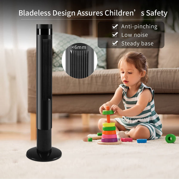 KISSAIR 35” Tower Fan with Oscillation, Remote Control and LED Display, 3 Powerful Wind Modes, up to 12 H Timer Bladeless Standing Fan, Portable Fan for Children, Home, Dormitory or Office