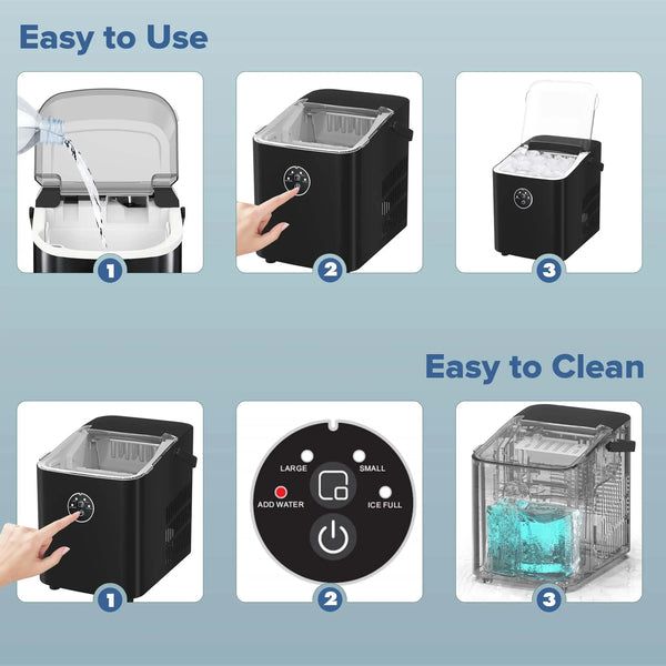 KISSAIR Portable Ice Maker Machine, Portable Ice Maker Machine with Handle, 26lbs/24H, 8 Bullet Ice Cubes of 2 Sizes S/L Ready in 9 Mins, Self-Cleaning for Home/Kitchen/Office/Party, Black