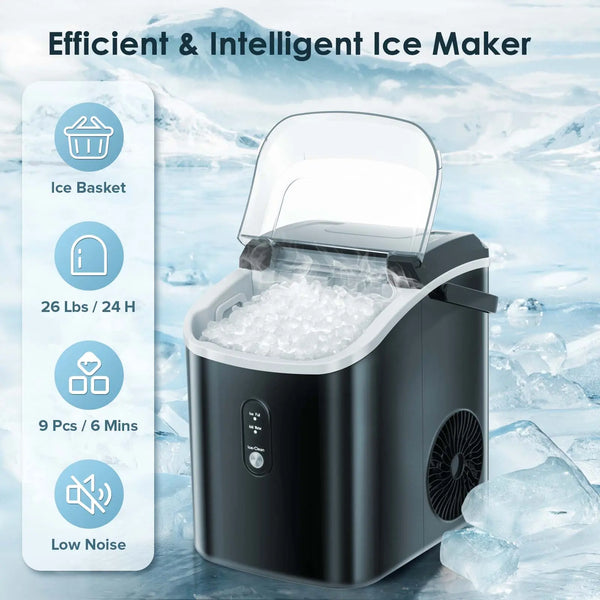 Simple Deluxe Ice Maker Machine for Countertop, 26lbs Ice/24Hrs, 9 Ice  Cubes Ready in 6 Mins, Portable Self-Clean Ice Machine with Scoop and  Basket