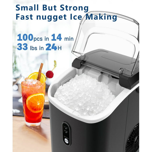 JOY PEBBLE 33lbs Stainless Steel Countertop Ice Maker, Crushed Nugget Ice Type with Scoop, Cubes Ready in 10 Mins, Black