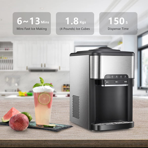 KISSAIR 3-in-1 Water Cooler Dispenser, Top Loading Water Cooler with Built-in Ice Maker, 3 Temperatures Setting - Hot, Cold & Room Water, for Home/Office/Dormitory Use-Black&Silver