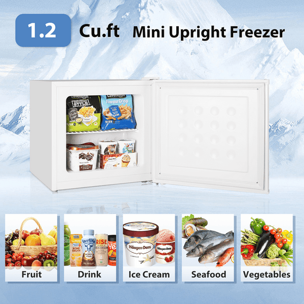 Auseo 1.2 Cu.ft Upright Compact Freezer, Mini Freezer with Handle, Reversible Single Door, Energy Saving & Adjustable Temperature & Quiet Operation for Dorm/Home/Office/Apt