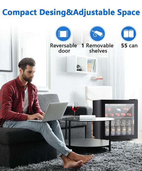 Joy Pebble 1.3 Cu.Ft Beverage Refrigerator Cooler, 12 Bottle 48 Can Mini Fridge for Beer Soda Wines Clear Front Glass Door,Freestanding beverage Small fridge with Adjustable Shelving agluckyshop