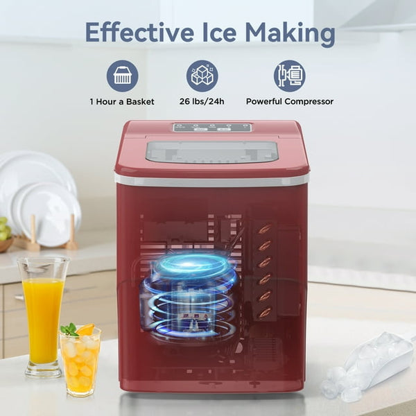 Kndko Countertop Ice Maker 26lbs, 9Pcs/6Mins, 2 Sizes of Bullet-Shaped with Scoop & Basket, Red
