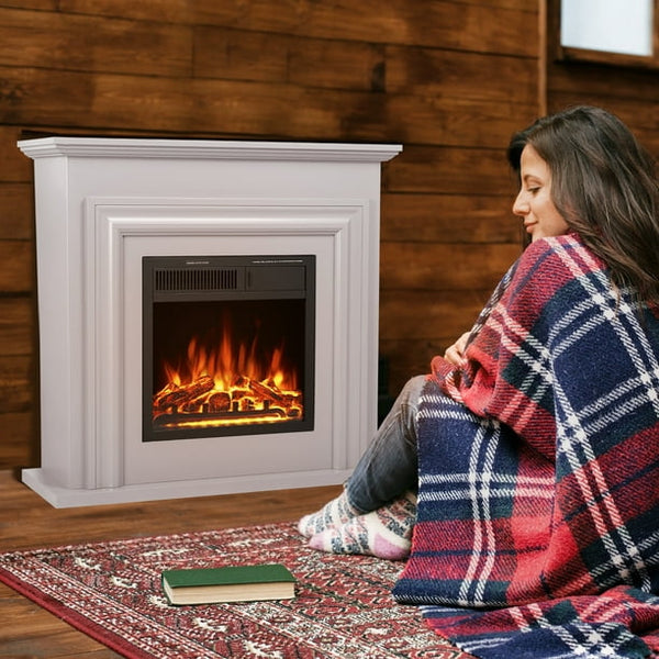 KISSAIR Electric Fireplace with Mantel Package Freestanding Fireplace Heater Corner Firebox with Log & Remote Control, 750-1500W,PEARLWHITE