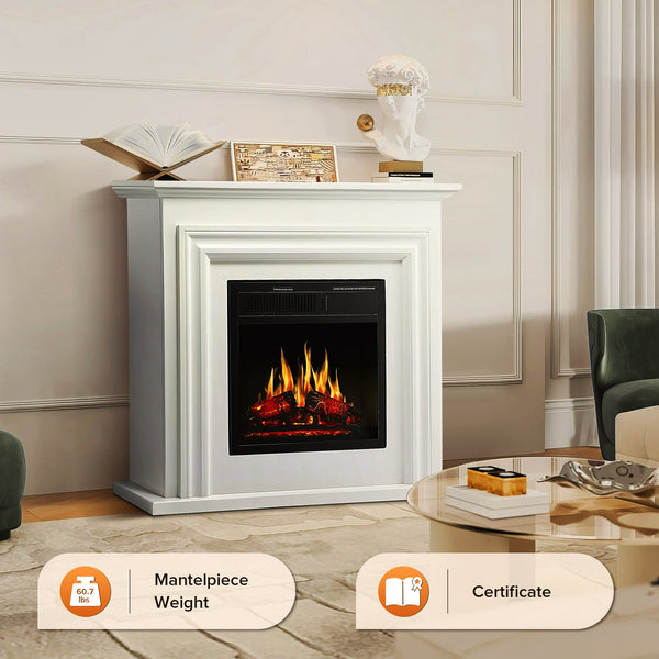Auseo Electric Fireplace Mantel Wooden Surround Firebox, Free Standing Fireplace, with Remote Control, Adjustable LED Flame, 750W/1500W -（White）