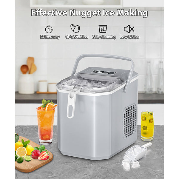 Besttey Countertop Ice Maker, 26lbs/Day, 2 Ice Sizes(S/L), Self-Cleaning w/ Ice Scoop and Basket, Handheld Ice Maker, Gray
