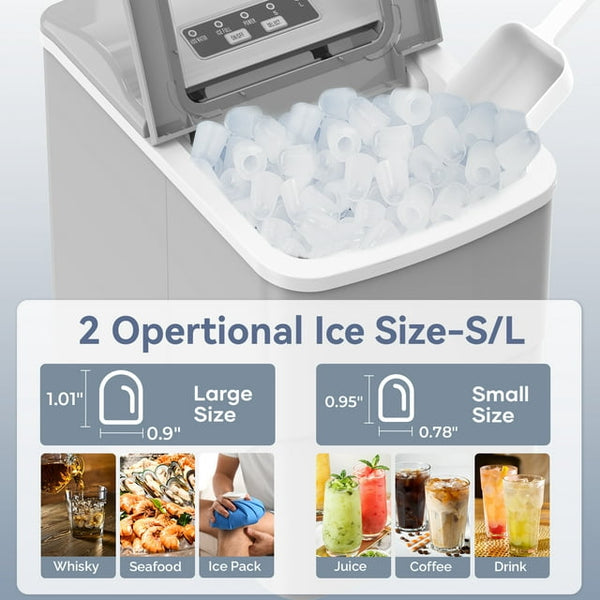 Kndko Countertop Ice Maker 26lbs, 9Pcs/6Mins, 2 Sizes of Bullet-Shaped with Scoop & Basket, Grey