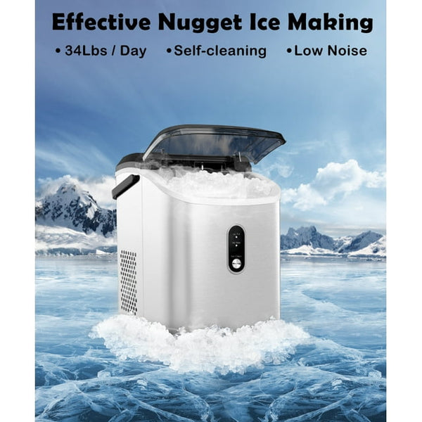 JOY PEBBLE 33lbs Stainless Steel Countertop Ice Maker, Crushed Nugget Ice Type with Scoop, Cubes Ready in 10 Mins, Silver