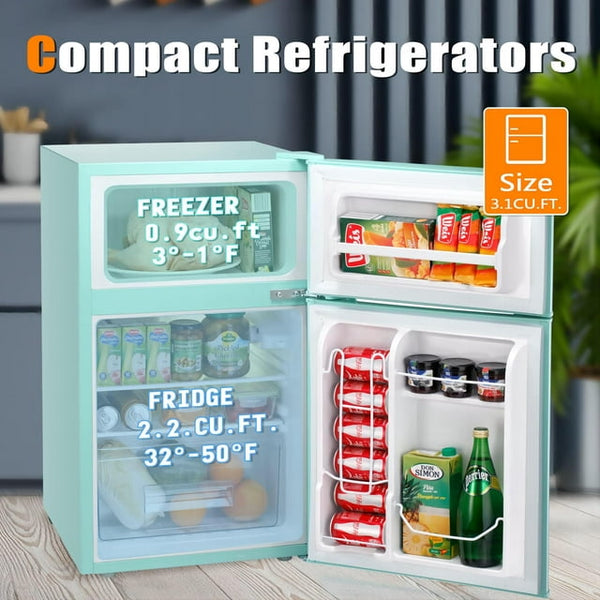 Besttey 3.1 Cu.ft Mini Fridge with Freezer Two Door, Stainless Steel, Compact Size & Low Noise Defrost for Home Office Dormitory, Green