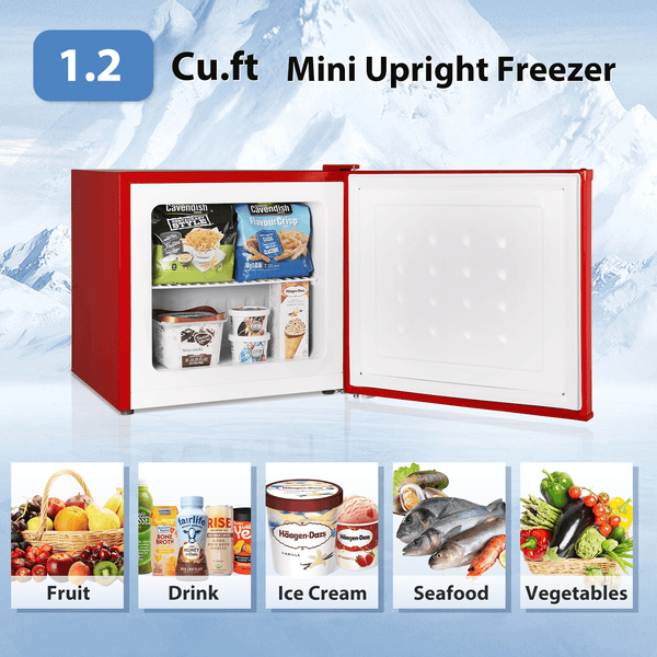 Auseo 1.2 Cu.ft Upright Compact Freezer, Mini Freezer with Handle, Reversible Single Door, Energy Saving & Adjustable Temperature & Quiet Operation for Dorm/Home/Office/Apt