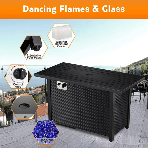 AGLUCKY Wicker Outdoor Propane Fire Pit Table 43in Square Metal Firepits- Propane Fire Pit Table with Lava Rocks, Glass Wind Guard Steel Fire Pit Table for Picnic, 50000 BTU