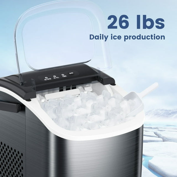 Kndko Stainless Steel Countertop Ice Maker, 9 Bullet-Shaped Ice Cubes Ready in 6 Mins, 26Lbs/24H with Handheld Ice Maker with Scoop & Basket, Black