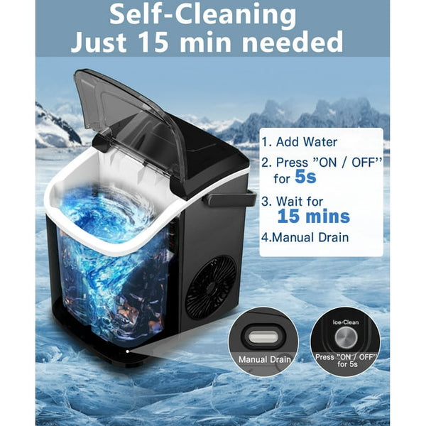 JOY PEBBLE 33lbs Stainless Steel Countertop Ice Maker, Crushed Nugget Ice Type with Scoop, Cubes Ready in 10 Mins, Black