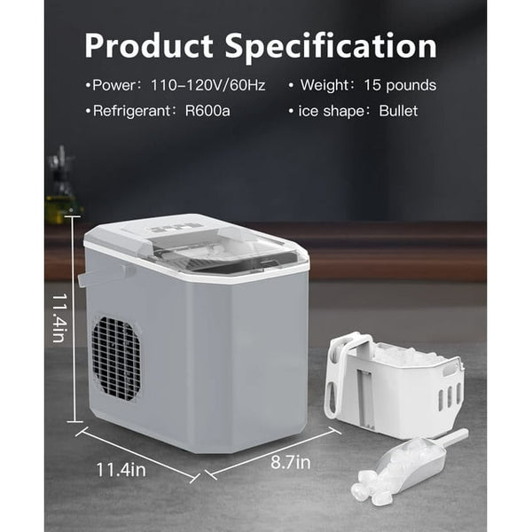 Kndko 26lbs Countertop Ice Maker, Bullet Ice Type in 2 Sizes(S/L), Self-Cleaning Handheld Ice Basket, Gray agluckyshop