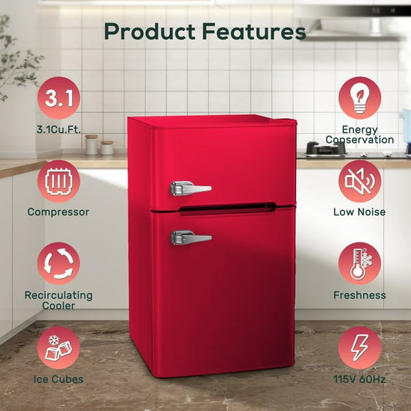 KISSAIR Mini Fridge 3.1Cu.ft 115 Volt 60 Hz AC Low Noise Adjustable Temperature Suitable for Kitchen Living Room Office and Dormitory Red