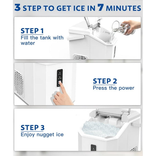 Kndko 33lbs Chewable Nugget Ice Maker with Crushed Ice, Ready in 7 Mins, Sonic Ice Machine with Handle, White