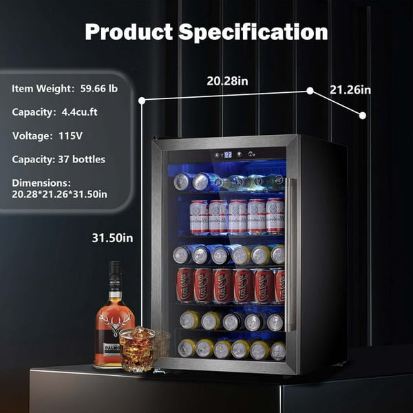 Auseo 4.4 Cu.ft Beverage Refrigerator Cooler, 37 Bottles Mini Fridge with Glass Door for Soda, Beer or Wine, Adjustable Removable Shelves, Low Noise for Bar/Office/Home/Restaurant