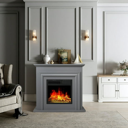 KISSAIR Electric Fireplace with Mantel Package Freestanding Fireplace Heater Corner Firebox with Log & Remote Control,750-1500W, Grey agluckyshop