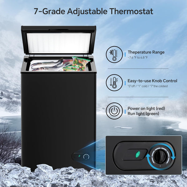 3.5 Cubic Feet Chest Freezer with 2 Removable Baskets Free Standing Top open Door Compact Freezer with Adjustable Temperature for Home/Kitchen/Office/Bar (3.5 Cubic Feet, Black)