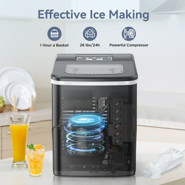 Kndko Countertop Ice Maker 26lbs, 9Pcs/6Mins, 2 Sizes of Bullet-Shaped with Scoop & Basket, Black agluckyshop