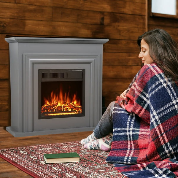 KISSAIR Electric Fireplace with Mantel Package Freestanding Fireplace Heater Corner Firebox with Log & Remote Control,750-1500W, Grey
