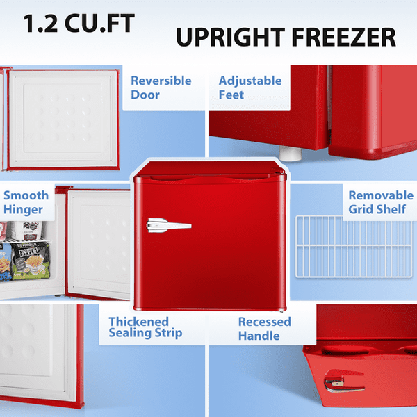 Auseo 1.2 Cu.ft Upright Compact Freezer, Mini Freezer with Handle, Reversible Single Door, Energy Saving & Adjustable Temperature & Quiet Operation for Dorm/Home/Office/Apt