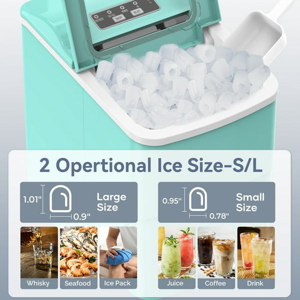 Kndko Countertop Ice Maker 26lbs, 9Pcs/6Mins, 2 Sizes of Bullet-Shaped with Scoop & Basket, Green