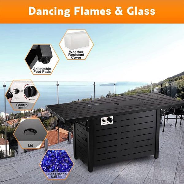 AGLUCKY Propane Fire Pit Table 54in Foldable Table- Propane Fire Pit Table with Lava Rocks, Glass Wind Guard Steel Fire Pit Table for Picnic, 50000 BTU