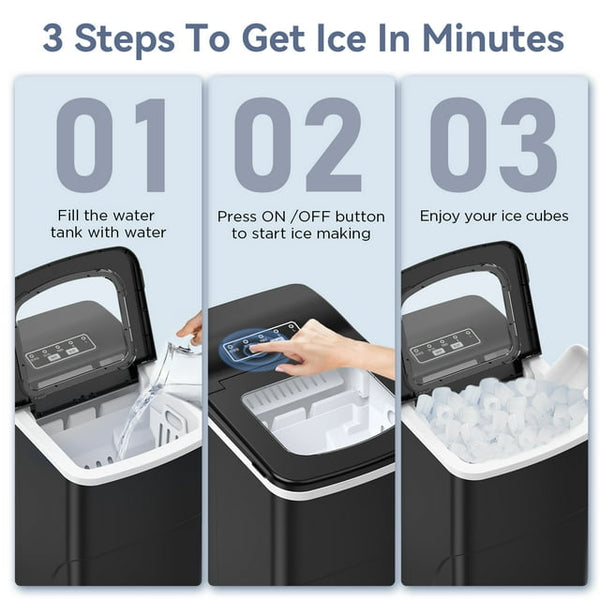 Kndko Countertop Ice Maker 26lbs, 9Pcs/6Mins, 2 Sizes of Bullet-Shaped with Scoop & Basket, Black