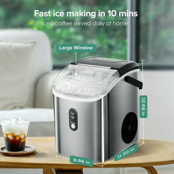 Auseo Portable Nugget Ice Maker Countertop, Self-Cleaning Function, 33lbs/24H, for Home/Office/Party Stainless Steel--Silver
