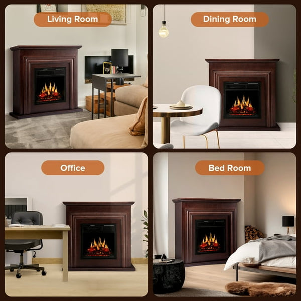 Auseo Electric Fireplace Mantel Wooden Surround Firebox, Free Standing Fireplace, with Remote Control, Adjustable LED Flame, 750W/1500W -Brown