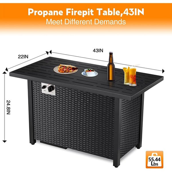 AGLUCKY Wicker Outdoor Propane Fire Pit Table 43in Square Metal Firepits- Propane Fire Pit Table with Lava Rocks, Glass Wind Guard Steel Fire Pit Table for Picnic, 50000 BTU