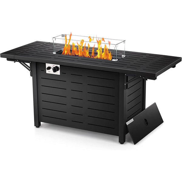 AGLUCKY Propane Fire Pit Table 54in Foldable Table- Propane Fire Pit Table with Lava Rocks, Glass Wind Guard Steel Fire Pit Table for Picnic, 50000 BTU
