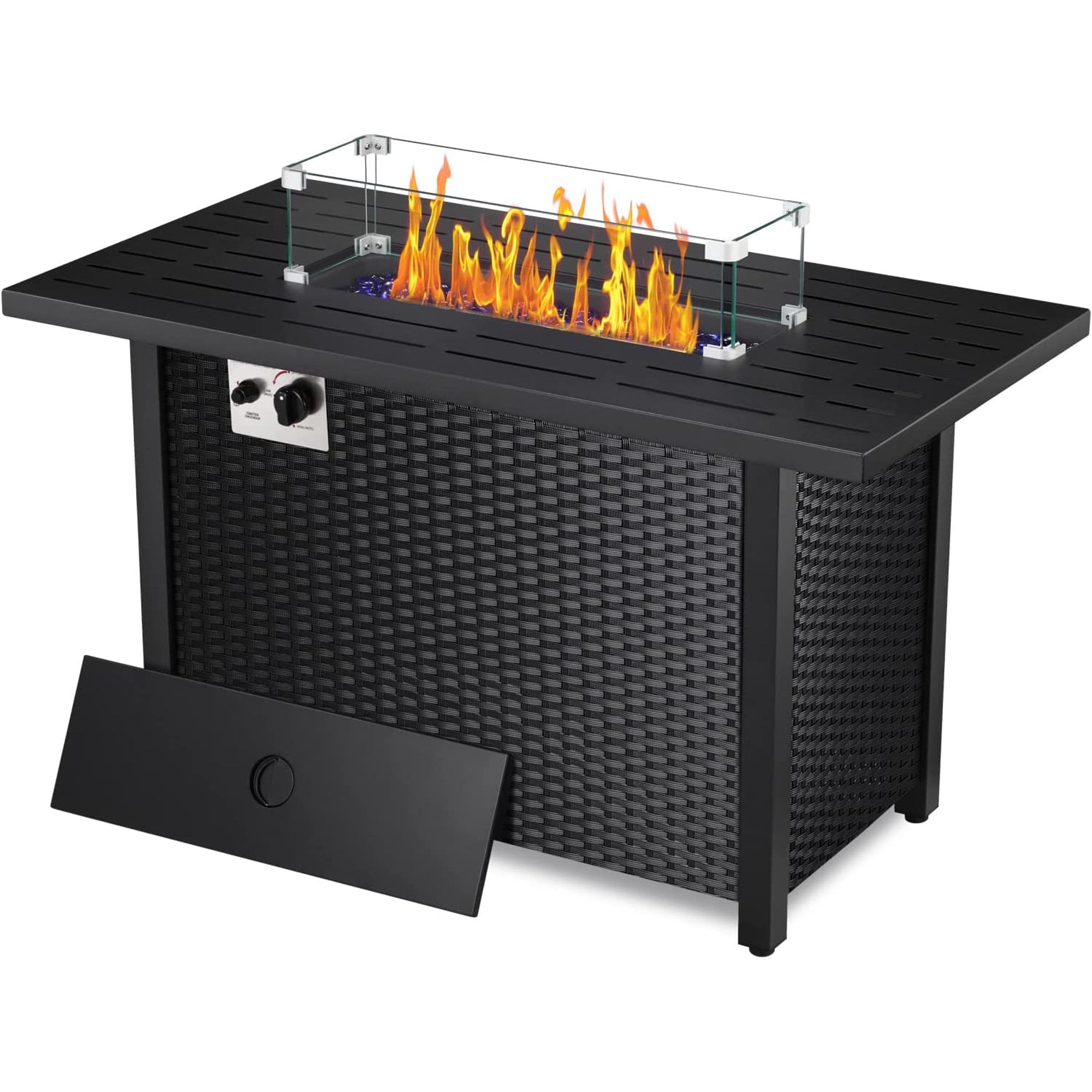 AGLUCKY Wicker Outdoor Propane Fire Pit Table 43in Square Metal Firepits- Propane Fire Pit Table with Lava Rocks, Glass Wind Guard Steel Fire Pit Table for Picnic, 50000 BTU