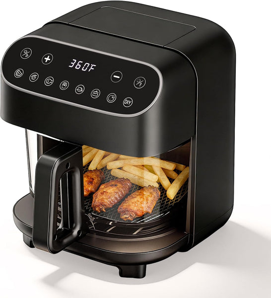 Black air fryer with food inside on a white background