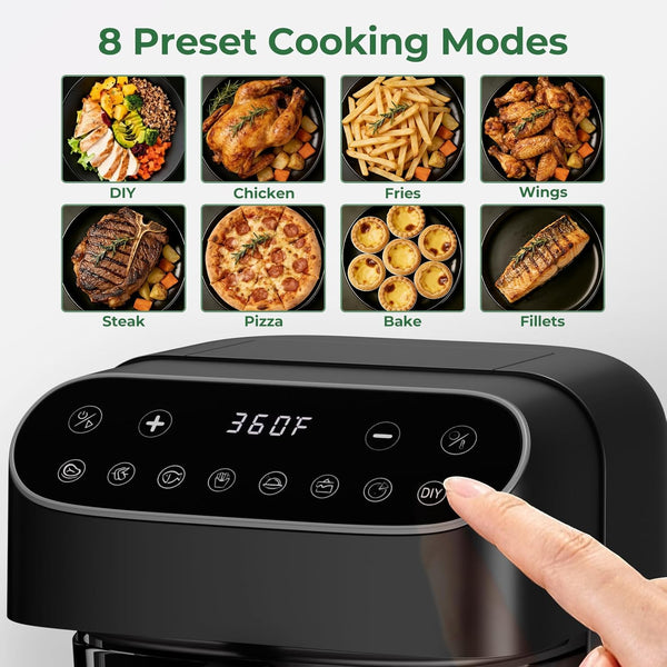 Air fryer with digital display and 8 preset cooking mode options on a white background
