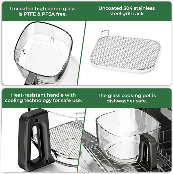 Uncoated high boron glass pot with 304 stainless steel grill rack, heat-resistant handle, and dishwasher-safe glass cooking pot.